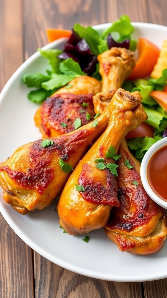 Oven-baked chicken drumsticks on a plate, garnished with herbs, served with salad.